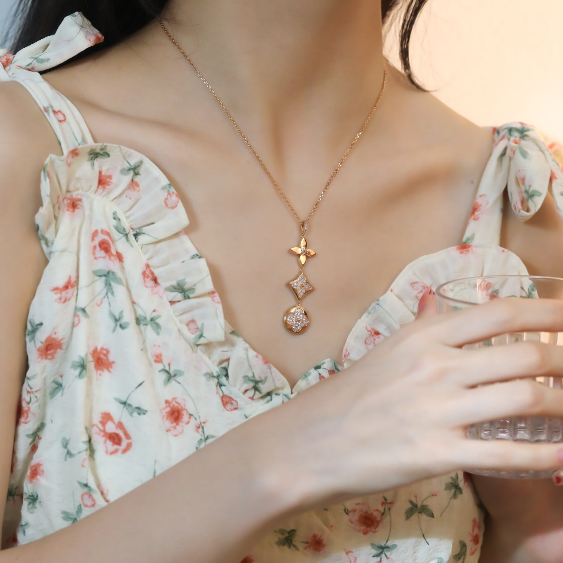 [Star Jewelry]STAR AND SUN DIAMOND PINK GOLD NECKLACE