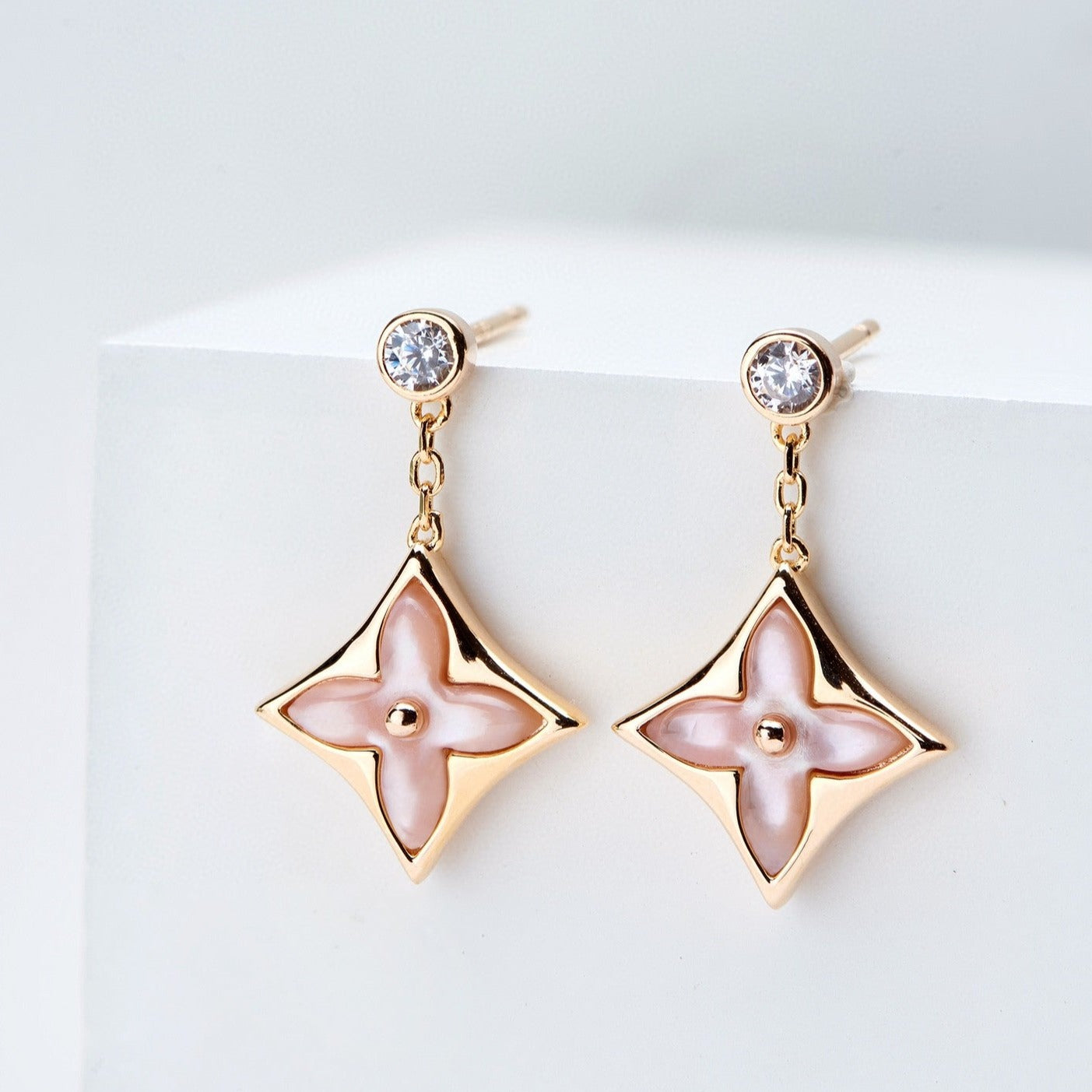 [Star Jewelry]DOUBLE STAR PINK GOLD MOP DROP EARRINGS