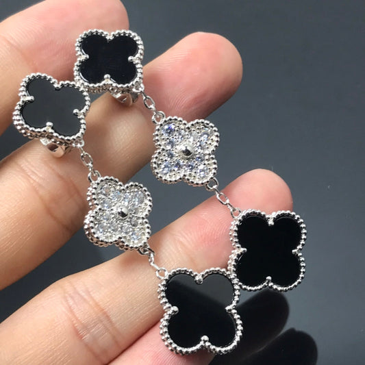 [Star Jewelry]CLOVER 3 MOTIF DIAMOND ONYX SILVER EARRINGS