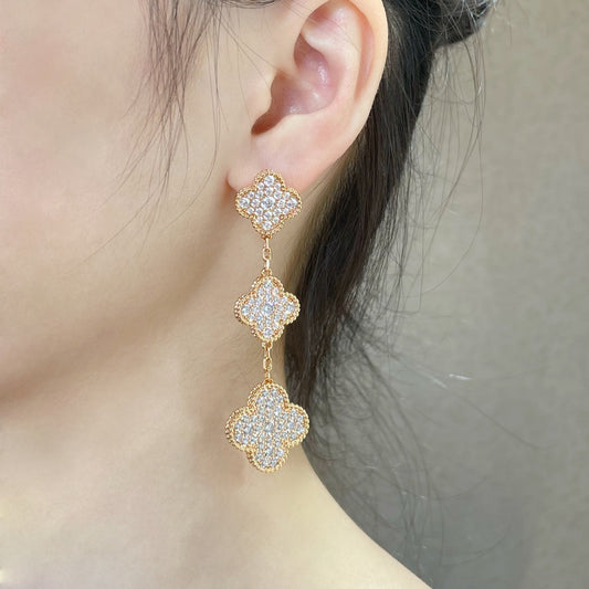 [Star Jewelry]CLOVER 3 MOTIFS DIAMOND PAVED ROSE GOLD EARRINGS