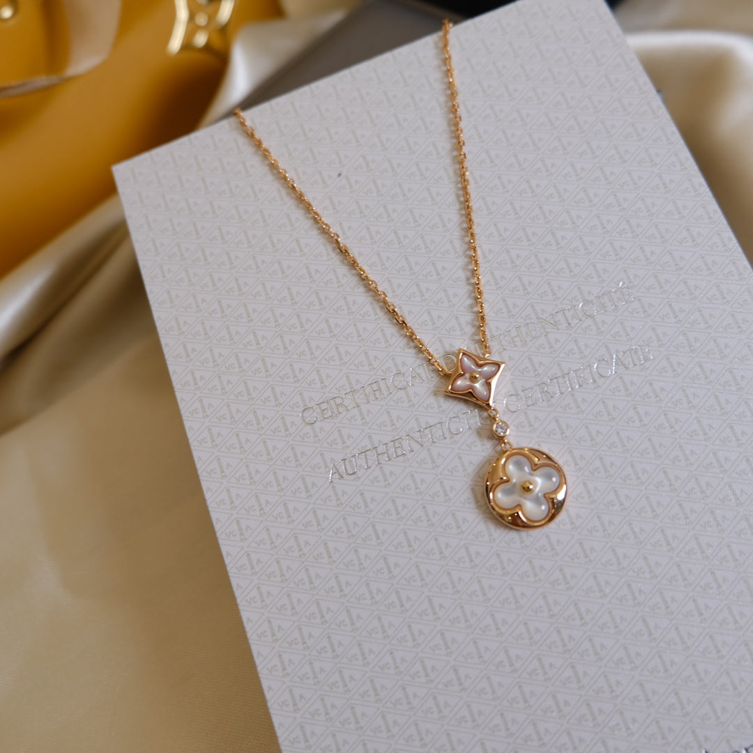 [Star Jewelry]STAR AND SUN WHITE MOP 2 MOTIF PINK GOLD NECKLACE