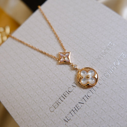 [Star Jewelry]STAR AND SUN WHITE MOP 2 MOTIF PINK GOLD NECKLACE