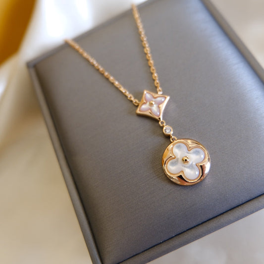 [Star Jewelry]STAR AND SUN WHITE MOP 2 MOTIF PINK GOLD NECKLACE