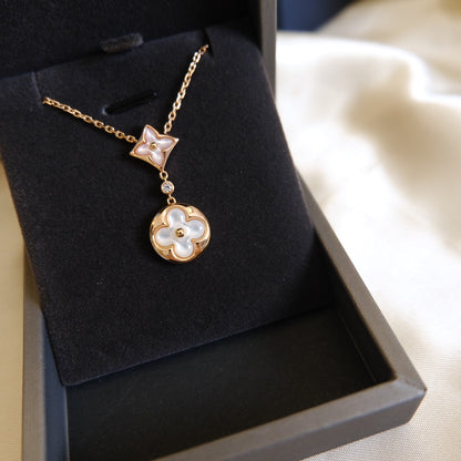 [Star Jewelry]STAR AND SUN WHITE MOP 2 MOTIF PINK GOLD NECKLACE