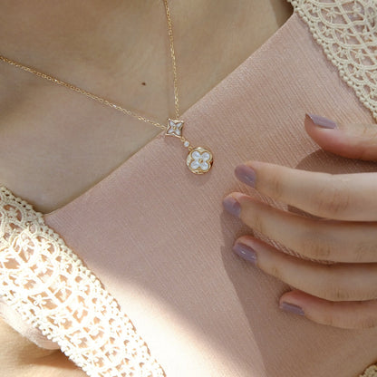 [Star Jewelry]STAR AND SUN WHITE MOP 2 MOTIF PINK GOLD NECKLACE