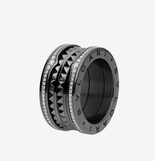 [Star Jewelry]ZERO 1 ROCK FOUR-BAND BLACK CERAMIC WITH STUDDED SPIRAL AND PAVED DIAMONDS RING