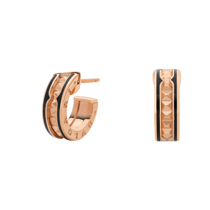 [Star Jewelry]ZERO 1 ROCK PINK GOLD EARRINGS WITH STUDDED SPIRAL AND BLACK CERAMIC