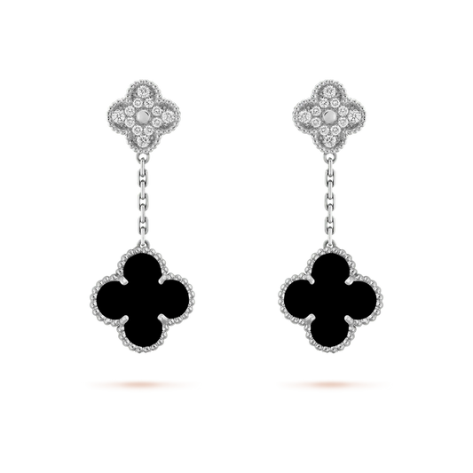 [Star Jewelry]CLOVER 2 MOTIFS  DIAMOND ONYX EARRINGS SILVER
