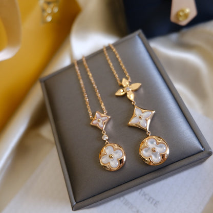 [Star Jewelry]COLOR BLOSSOM LARIAT NECKLACE PINK GOLD WHITE MOTHER PEARL AND DIAMOND