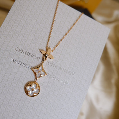 [Star Jewelry]COLOR BLOSSOM LARIAT NECKLACE PINK GOLD WHITE MOTHER PEARL AND DIAMOND