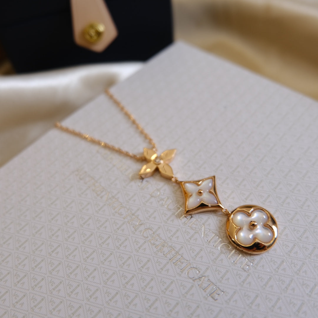 [Star Jewelry]COLOR BLOSSOM LARIAT NECKLACE PINK GOLD WHITE MOTHER PEARL AND DIAMOND