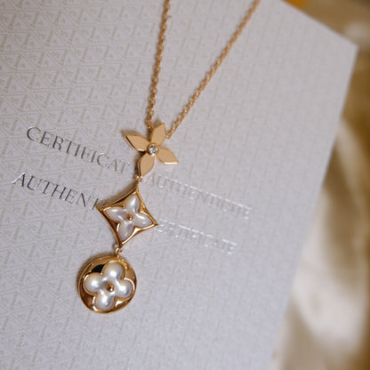 [Star Jewelry]COLOR BLOSSOM LARIAT NECKLACE PINK GOLD WHITE MOTHER PEARL AND DIAMOND