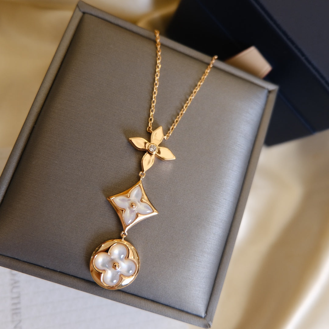 [Star Jewelry]COLOR BLOSSOM LARIAT NECKLACE PINK GOLD WHITE MOTHER PEARL AND DIAMOND