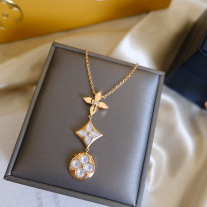[Star Jewelry]COLOR BLOSSOM LARIAT NECKLACE PINK GOLD WHITE MOTHER PEARL AND DIAMOND