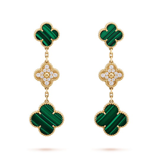 [Star Jewelry]CLOVER EARRINGS GOLD MALACHITE DIAMOND 3 MOTIF